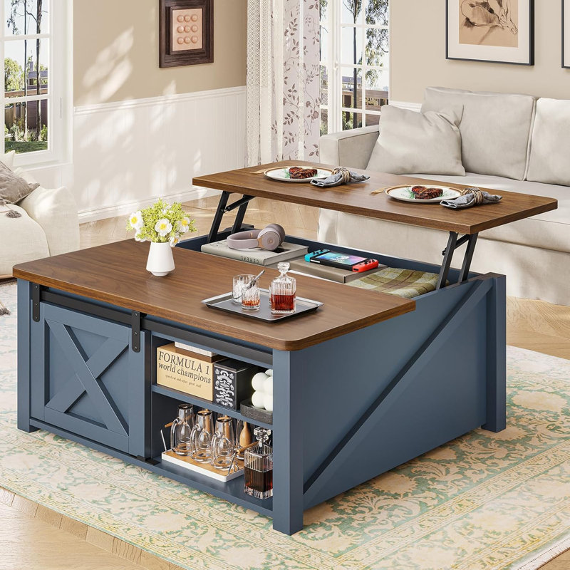 Table basse à plateau relevable Veronike, Bleu/brun