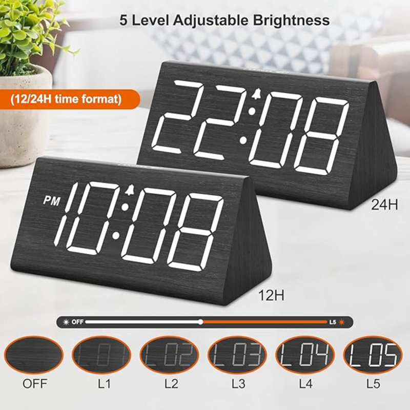 Wooden Digital Alarm Clock For Bedroom - RGB Electric Desk Clock With Large Numbers, USB Port, Loud Alarm For Heavy Sleepers, Dimmer And Volume Control, Snooze, 12/24H, Wood Décor
