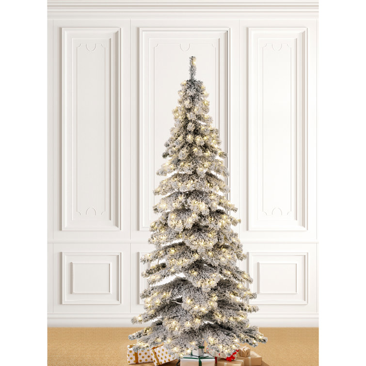 The Holiday Aisle® 7.5ft Slender Flocked/Frosted Spruce Christmas Tree with  350 LED Lights Wayfair