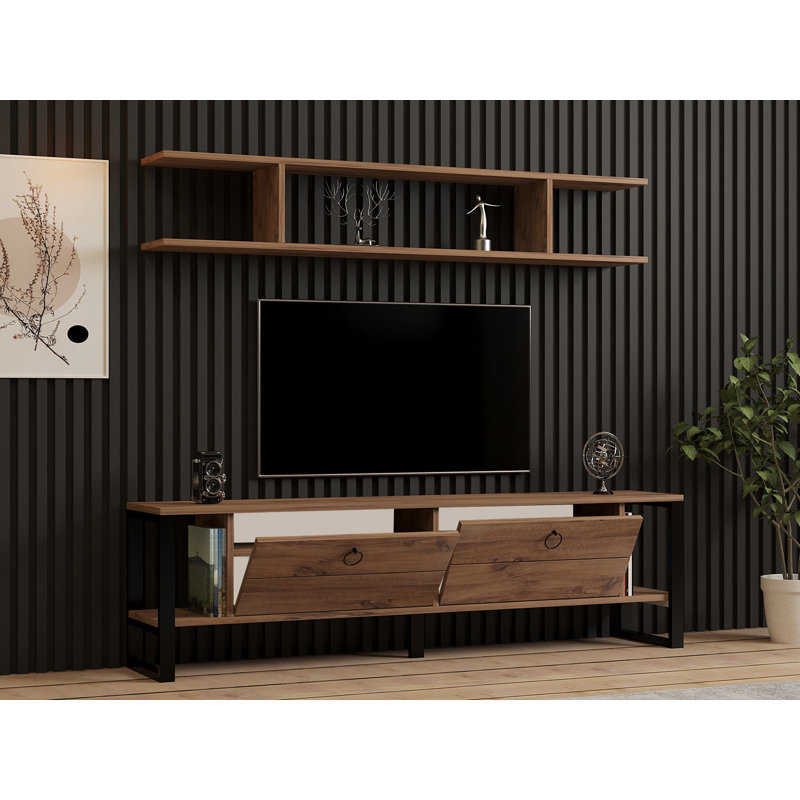 Modern TV Stand with Wall Shelf, Atlantic Pine Color, 63.0 x 17.7 x 11.8 inches | 100% Melamine Coated Particle Board & 100% Metal Frame, Stylish Industrial Design, Perfect for Living Room & Entertainment Spaces