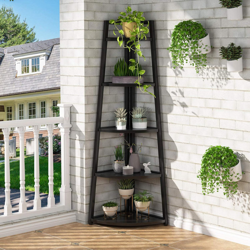 70.07" Tall Corner Shelf, 5 Tier Rustic Corner Bookshelf Bookcase Industrial Corner Ladder Shelf Plant Stand For Living Room, Kitchen, Home Office