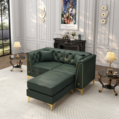 Canapé Chesterfield modulaire 2 places, canapé en similicuir avec capitonnage à boutons fait à la main, accoudoirs garnis de métal et pieds minces en métal, comprend 2 coussins