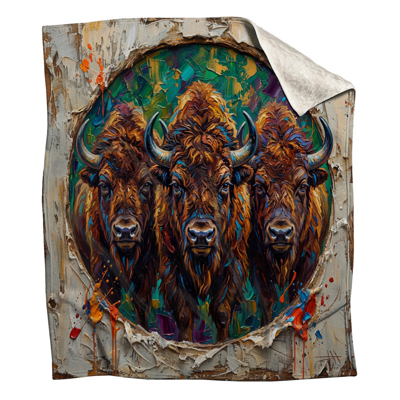 Trois couvertures de peinture Buffaloes, 50in W x 60in H
