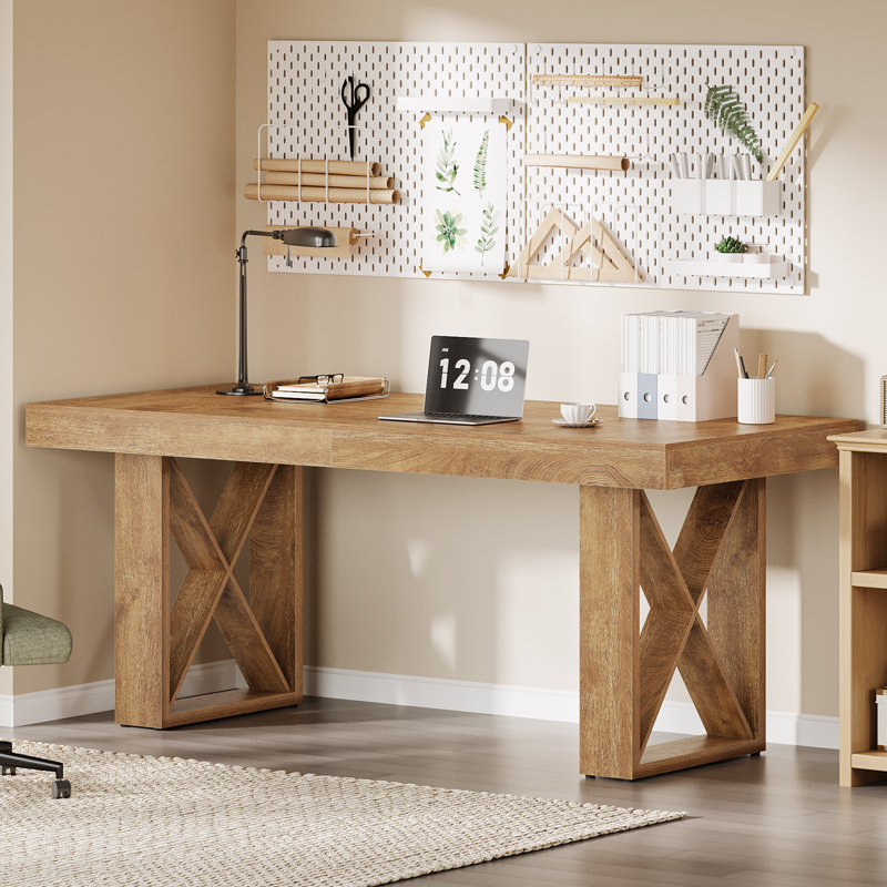 Bureau d'ordinateur 63 po rustique pour bureau à domicile avec plateau en bois épais