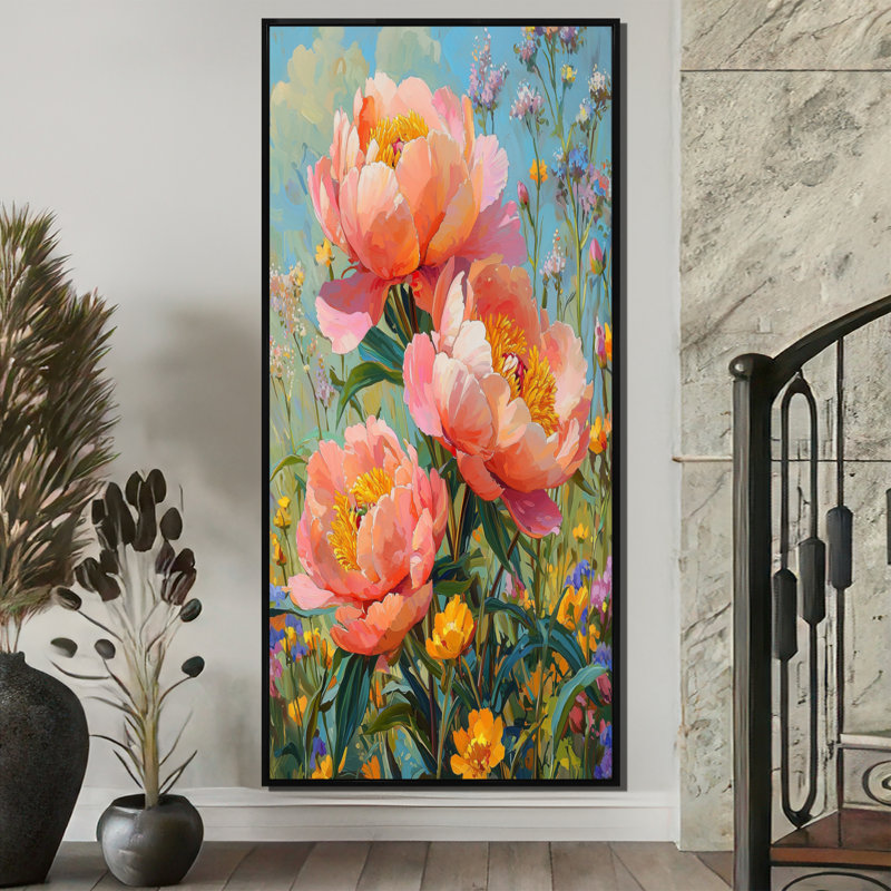 Pivoines dans la fleur sauvage, patch II - pivoines, art mural, H 60 po x l 28 po, Reproduction avec cadre flottant, Noir