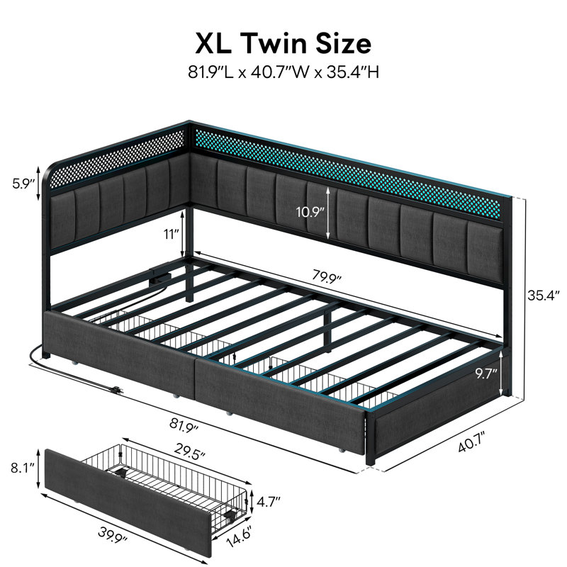 Modern Twin Daybed With Storage & Charging - Corner Design, Led Lights, Twin XL, Gray