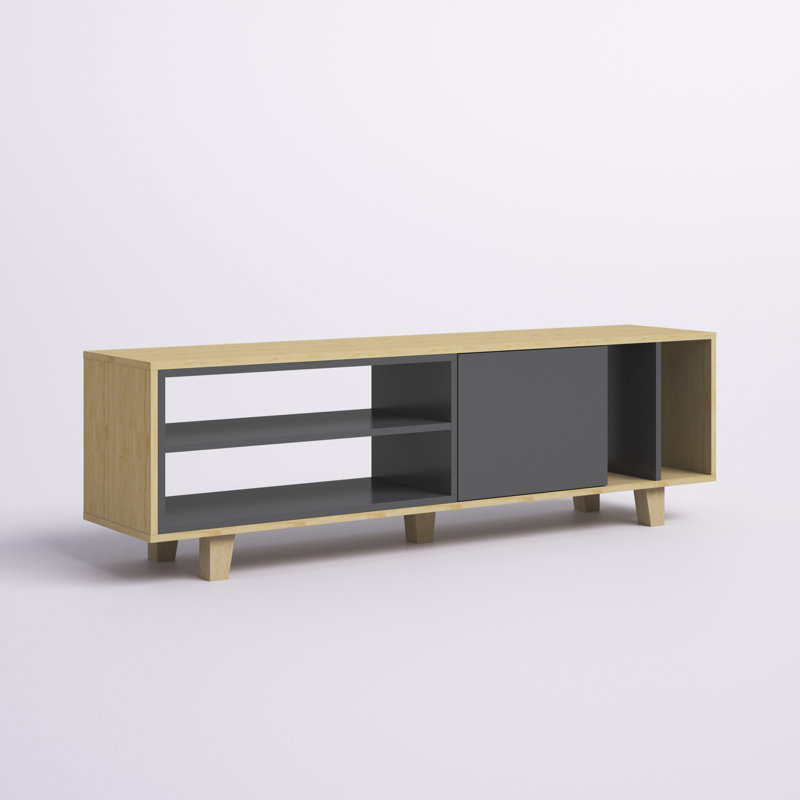 Scandinavian TV Stand, Oak w/ Anthracite, 63.0 x 13.8 x 19.1 inches | 100% Melamine Coated Particle Board, Thickness: 0.7 inches | Wall-Mountable Design, Multiple Shelves for Storage | Stylish w/ Functional Entertainment Center