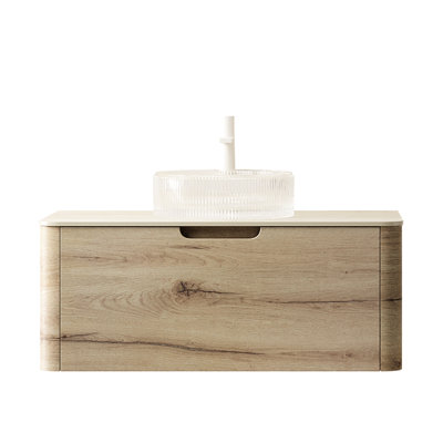 Meuble-lavabo de 36 po, lavabo en verre cristal transparent, résistance aux taches, durabilité, armoire en contreplaqué, chêne blanc, tiroir à fermeture en douceur