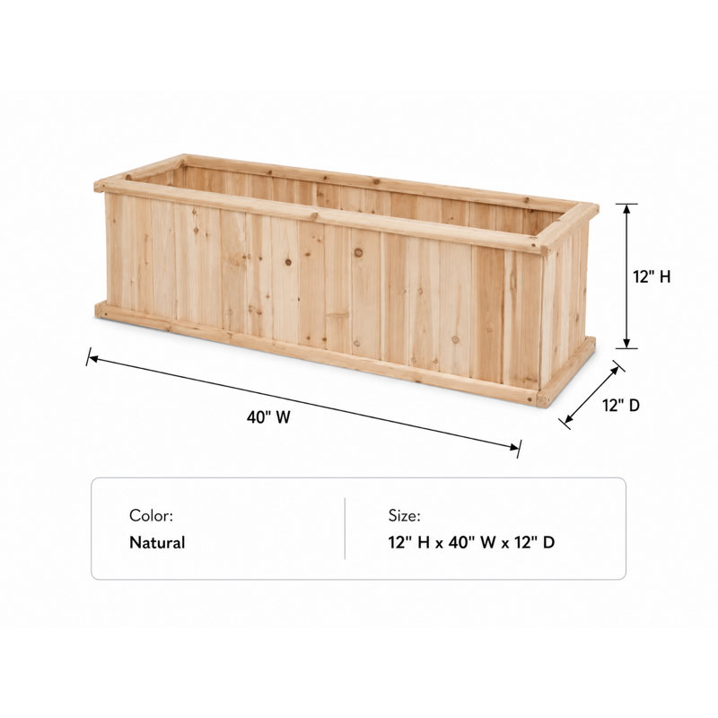 Barros Solid Cedar Rectangular Planter Box with Drainage Holes, Natural, 12" H x 40" W x 12" D