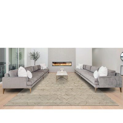 Tapis rectangulaire en laine / soie noué à la main beige / brun