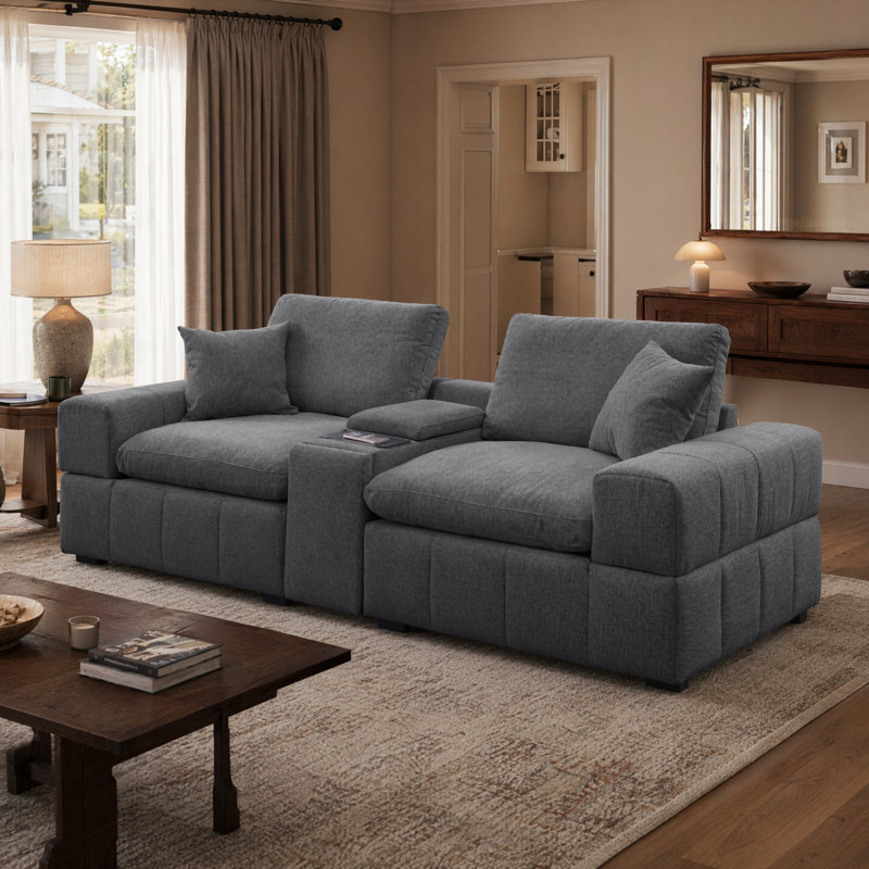 Canapé modulaire 3 pièces l 96,74 po avec console de rangement, recharge sans fil et porte-gobelets, Dark Grey