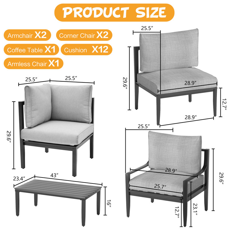 Patio Furniture Set With Cushion, 6 Pcs Aluminum Outdoor Sectional Sofa Set With Chair, Table | All Weather Use Modular Seating Conversation Set For Poolside Backyard, Frame With Cushion