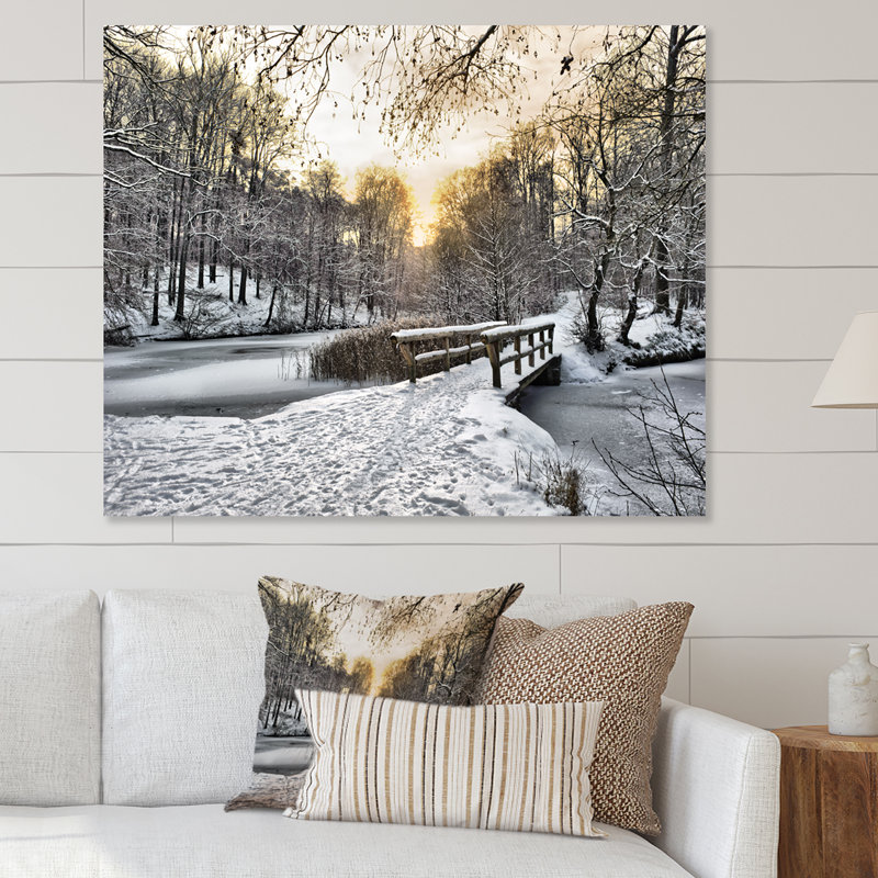 Wooden Bridge In Snow Winter River - Landscapes Canvas Wall Art, 34" H x 44" W x 1.5" D, Wrapped Canvas