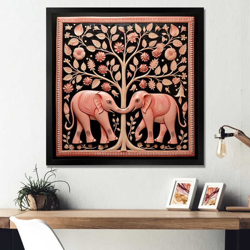 Art indien, éléphants de Jaipur 3 - Art mural indien, Cadre simple noir, H 16 po x l 16 po x P 1 po
