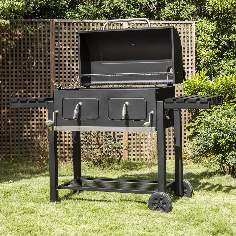 34" Dual Zone Charcoal BBQ Grill with Liftable Trays and 2 Foldable Side Table