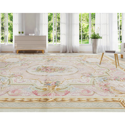 Tapis beige et vert noué à la main de haute qualité