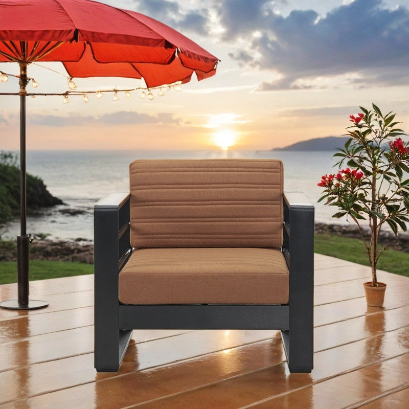 Fauteuil club d'extérieur en aluminium avec dossier à lattes et coussins résistants à l'eau, Orange
