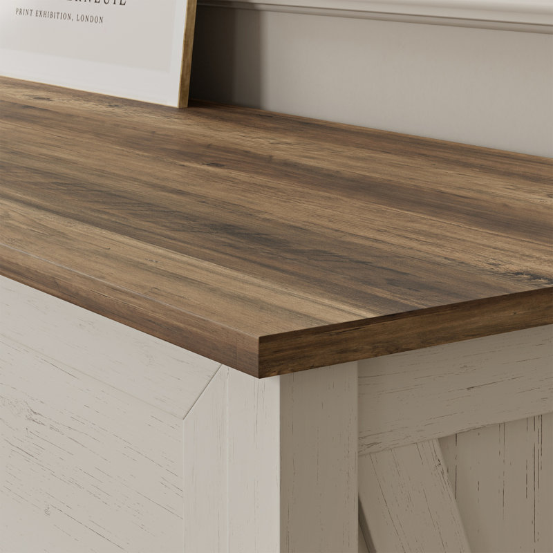 Commode 9 tiroirs blanche 47 po avec panneau supérieur rustique pour chambre à coucher, Blanc/noyer