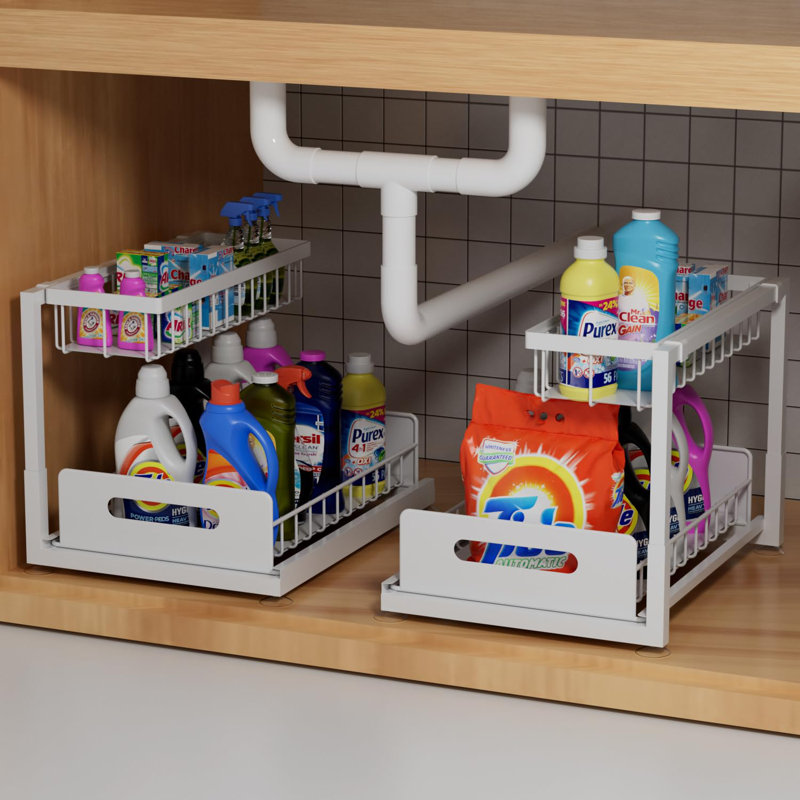 2-Pack Drawers With Sliding Storage Baskets 2-Tier Slide-Out Storage Rack Under Sink, White