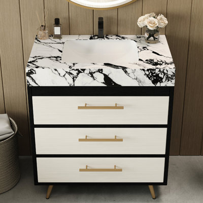Meuble-lavabo sur pied contemporain avec lavabo intégré en céramique et pierre frittée, 29,9 po, détails dorés, plateau de rangement en pierre rustique, poignées, contreplaqué, grand pour les articles de toilette