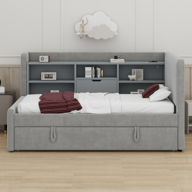 Upholstered Daybed With Trundle, Storage Shelves, USB & Outlet, Gray
