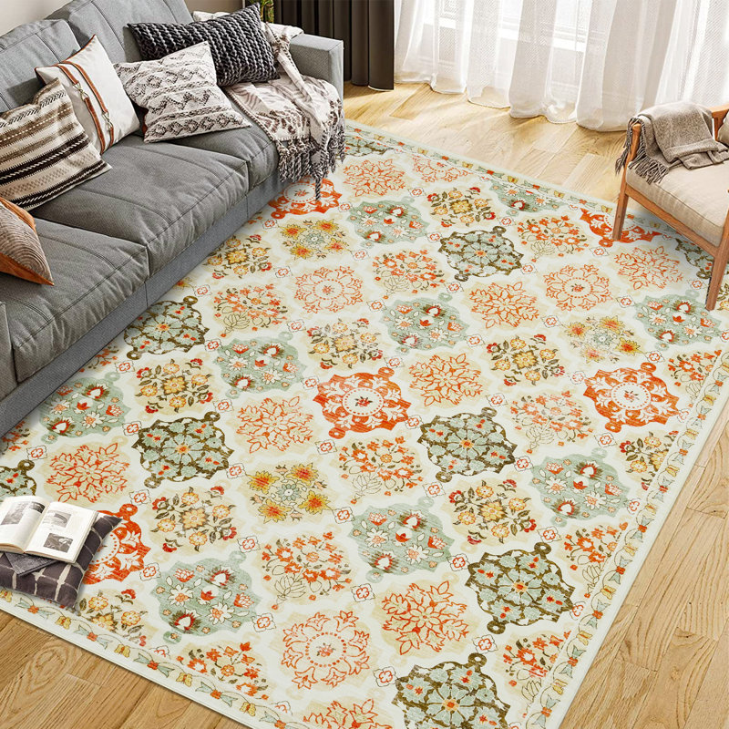 Tapis à motif floral en damier Boho, Orange, Rectangle 10 pi x 13 pi