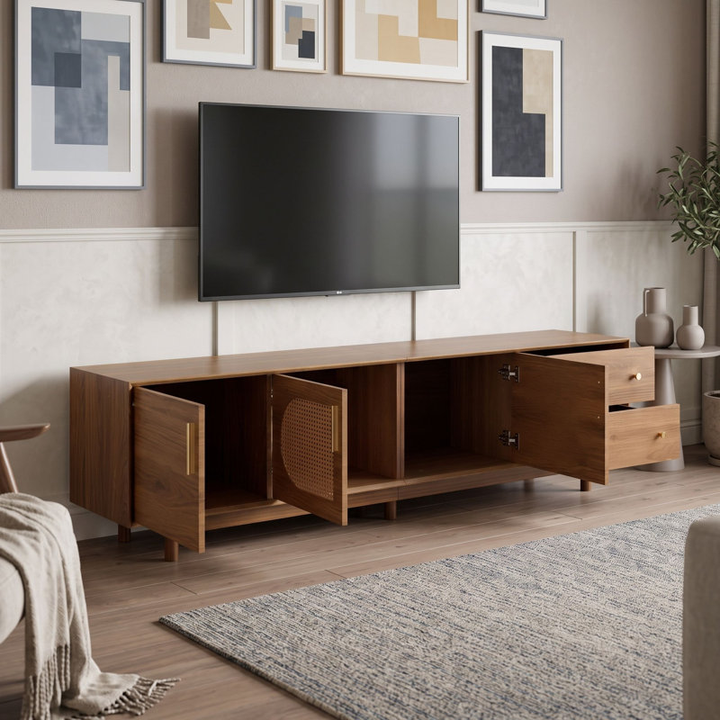 Meuble télé avec bords biseautés et porte tissée, tiroirs, armoires
