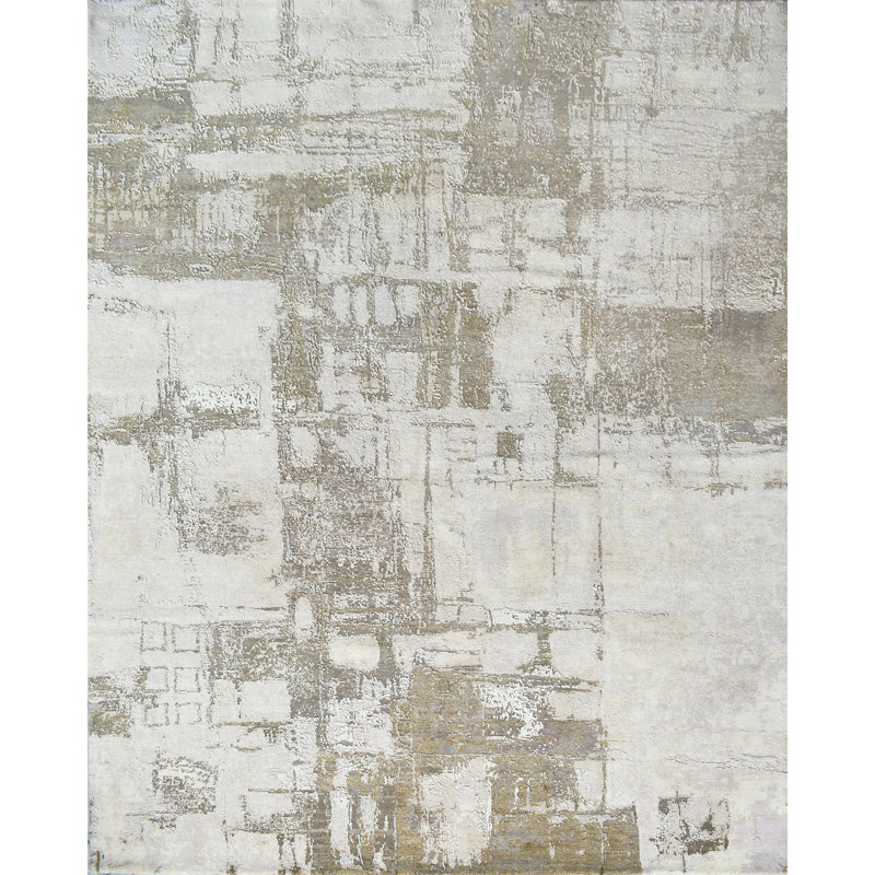 High-Quality Hand-Knotted Beige And Charcoal Area Rug, Rectangle 9' x 12'