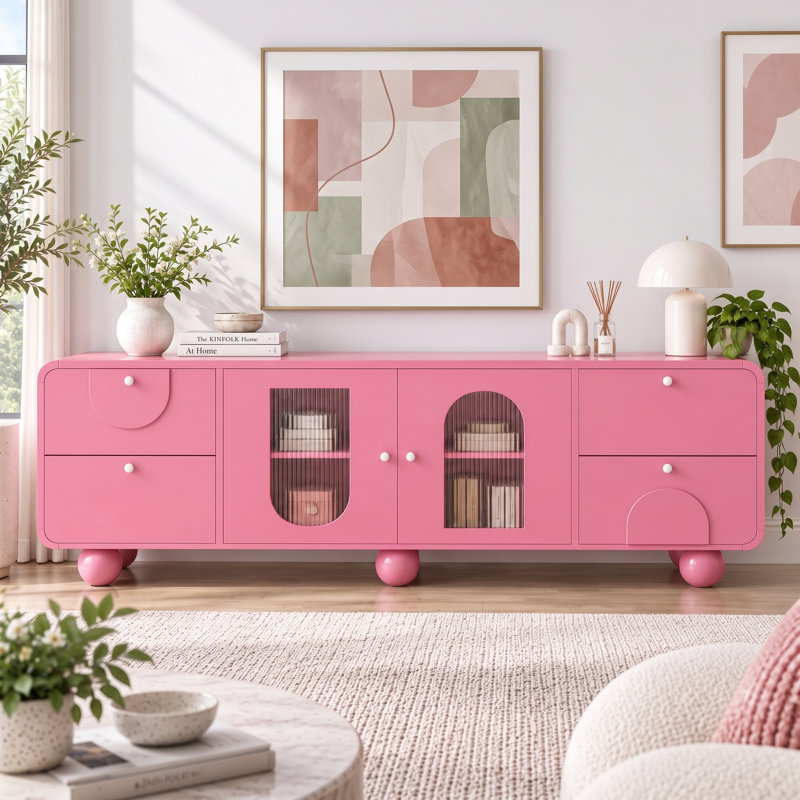 70.9" Modern TV Stand for TVs up to 75", Arched Fluted Glass Doors, 4 Drawers & Adjustable Storage, Multi-Use Sideboard, Pink