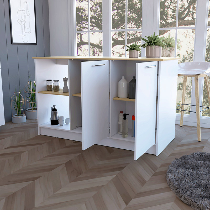 Îlot de cuisine avec comptoir spacieux, armoires à deux portes et 2 tablettes de rangement ouvertes, Blanc