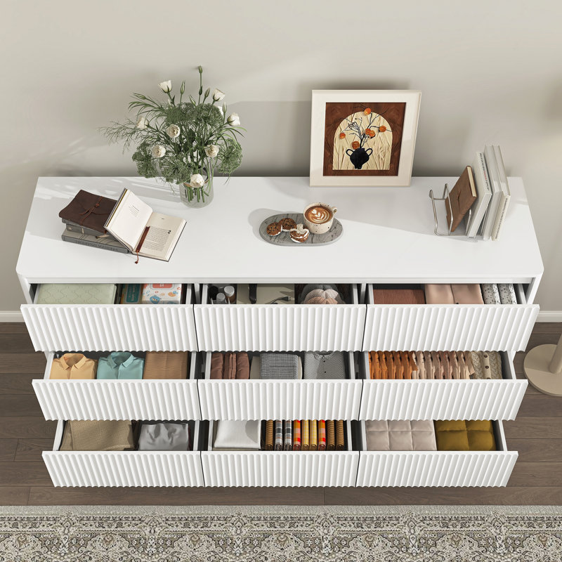 Commode 9 tiroirs pour chambre à coucher avec grands tiroirs, commode en bois, grande commode de plancher, Blanc