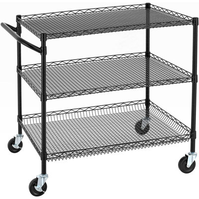 Chariot utilitaire commercial robuste à 3 niveaux, chariot de service à roulettes avec guidon et roues, chariot de cuisine en acier avec tablettes en métal et supports de rangement