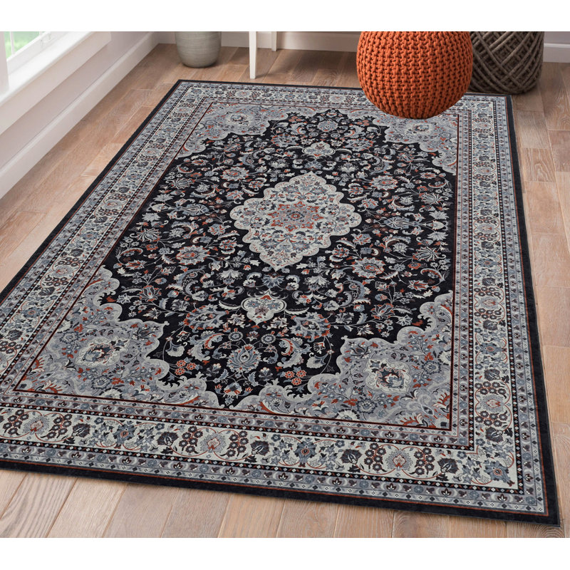 Breedlove Traditional Machine Woven Flatweave Black and Charcoal Area Rug with Non Skid Backing, Rectangle 5' X 7'
