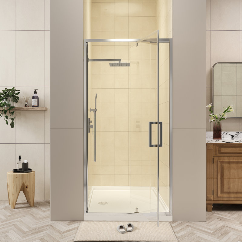 Porte de douche à cadre pivotante en chrome avec verre transparent, Chrome chrome