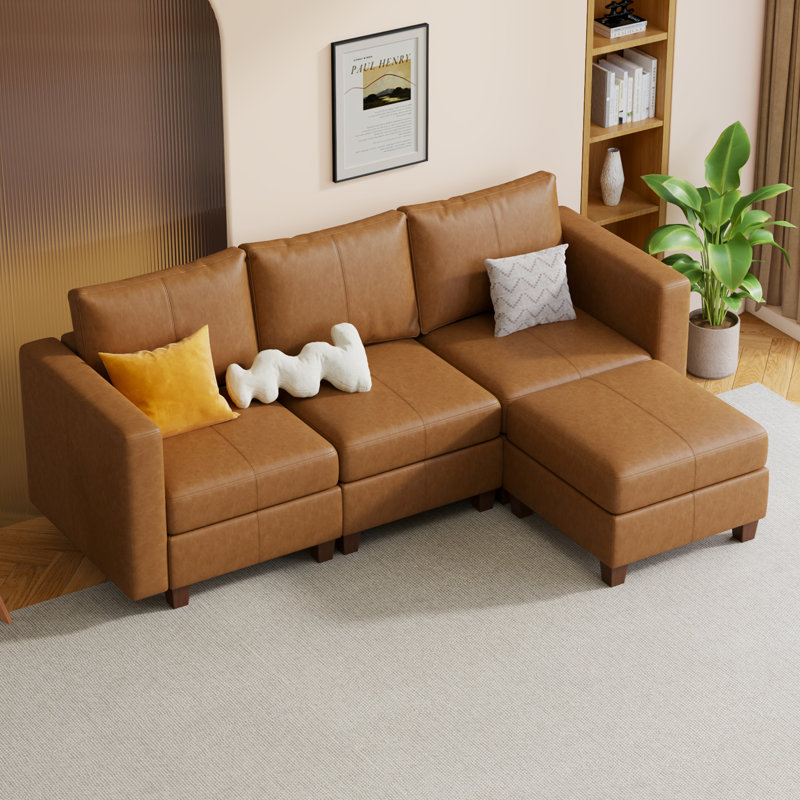  Canapé modulaire modulaire avec repose-pieds avec rangement, canapé modulaire rembourré et confortable pour salon, chambre à coucher, canapé en L 3 places avec 1 repose-pieds, similicuir brun