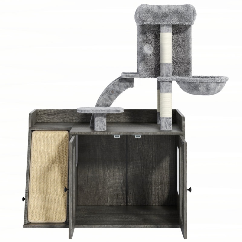 Enceinte de litière avec arbre à chat, litière cachée avec lumière DEL, planche à gratter en sisal et espace de rangement, meuble modulaire pour litière avec condo et plateforme, tour pour chat tout-en-un