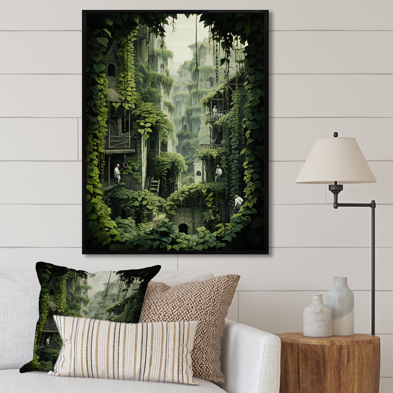 «Hidden Forest Castle Unveilé II», art mural forêt, Cadre flottant noir, H 44 po x l 34 po x P 1,5 po