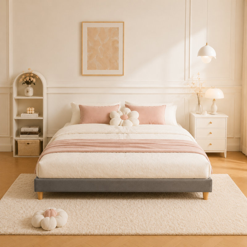 Lit plateforme en tissu d'ameublement, gris, Grand