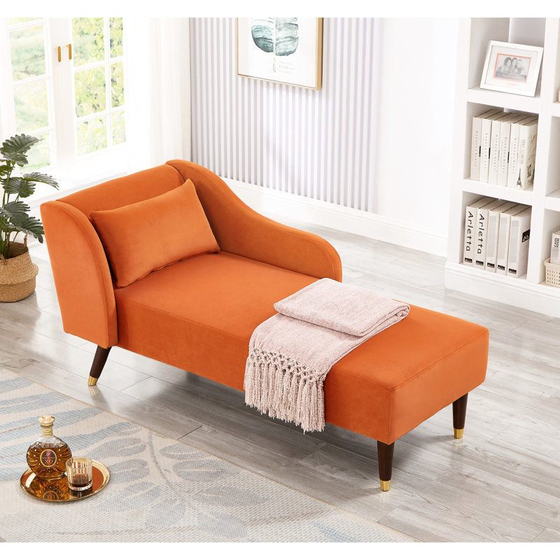 Chaise longue en velours élégant - Revêtement orange doux avec pieds en bois massif et confort