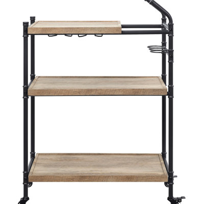 Rustic Industrial 2-Shelf Cart For Serving - Oak And Sandy Black, With Stemware , Lockable Wheels, Ample Storage Space Convenient Generous by 17 Stories