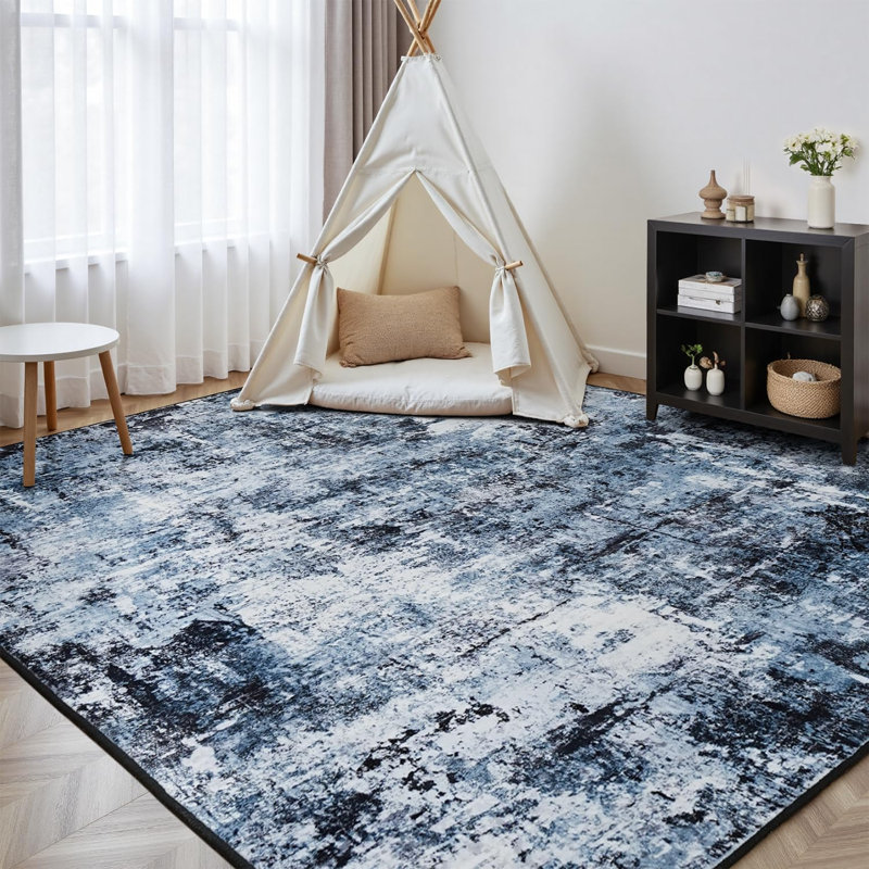 9'X12' Modern Dark Abstract Washable Area Rugs for Living Room Blue, Rectangle 9' x 12', Blue