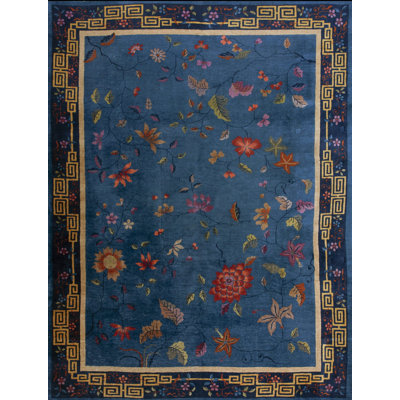 Chinese Antique Knotted Room Size Blue Wool Rectangle 1920s - Art Deco Rug