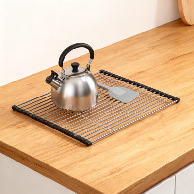 Foldable Stainless Steel Over The Sink Dish Drying Rack - Roll Up Kitchen Counter Drainer For Utensils, Cups, Fruits And Vegetables, Space Saving Storage Solution