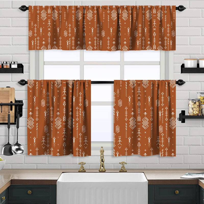Aztec Pattern 1 Piece Kitchen Valance And 2 Piece Panel Curtain Set, 24" W x 40" L, Brick