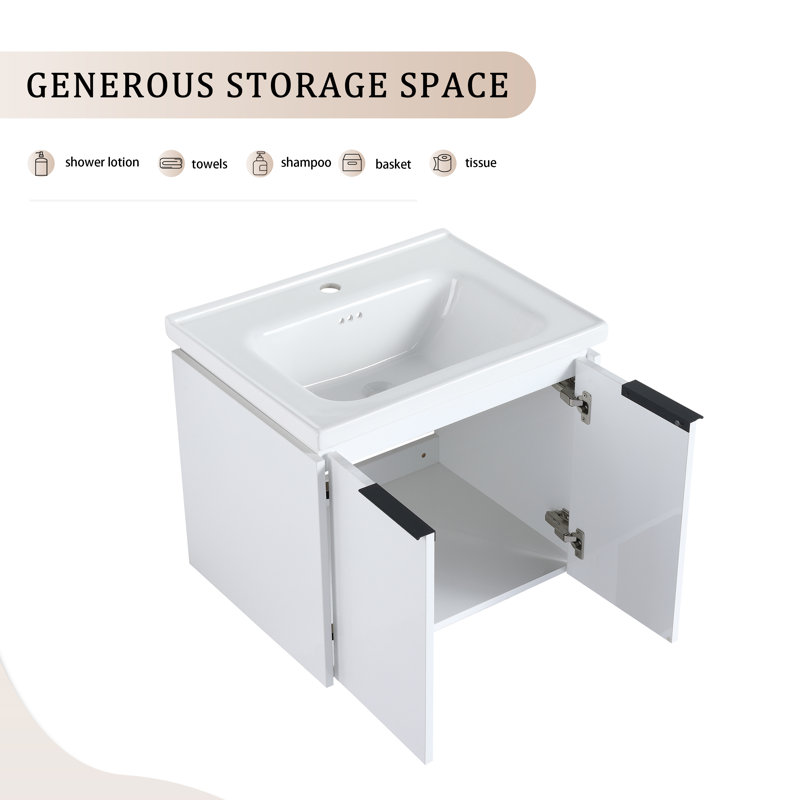 Meuble-lavabo 60 po à fermeture en douceur avec lavabo et tablettes de rangement