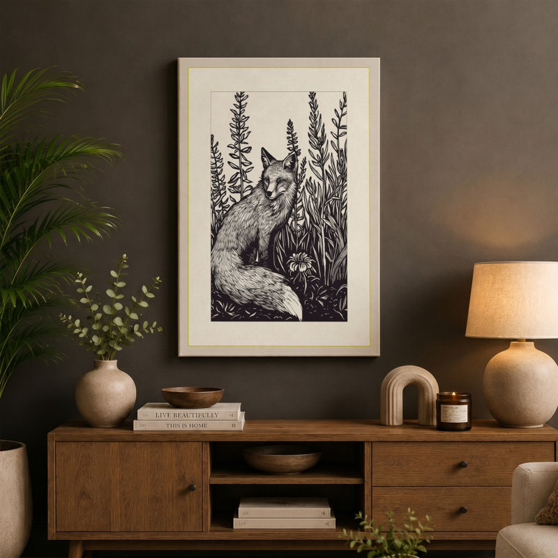 Fox Among Wildflowers Botanical - Wrapped Canvas, 24x16 - 61.0 x 40.6 cm, Teal Border