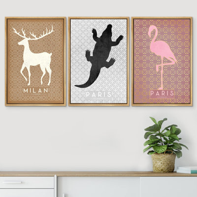 Animals " Milan Alligator Flamingo Pattern Animals Illustration Modern Art Rustic Group Whimsical Ultra " 3 - Pieces
