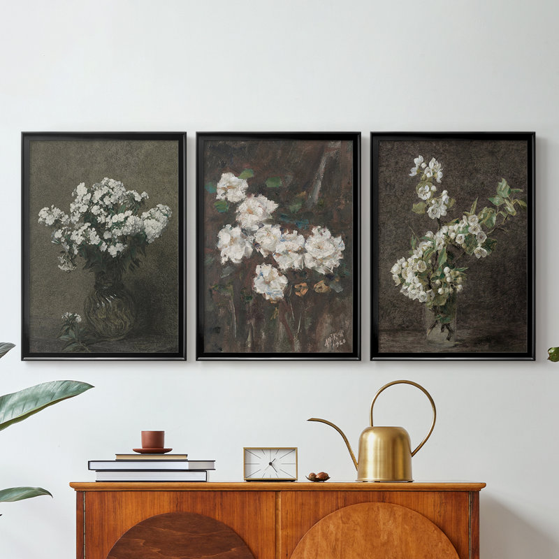 Vintage Floral Print CCLXXXVII  -Custom Framed  Wrapped Gallery Canvas - 3 Pieces, Black, 19" H x 27" W