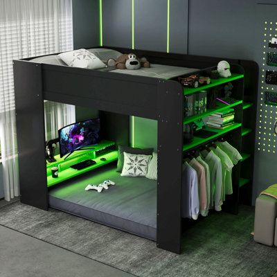 Lit double superposé en bois pleine grandeur avec bureau à hauteur réglable, garde-robe, grand espace de rangement et lumière RVB