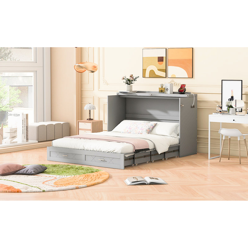 Lit escamotable double pleine grandeur, gris, avec tiroir et fonction de poulie innovante, mise à niveau 2.0, gris - Prises pratiques et pour une utilisation quotidienne